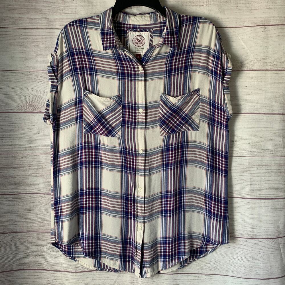 SO Blue White Plaid Button Up Flannel Shirt Short Cuffed Sleeves Size Medium